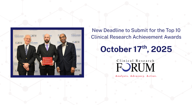 🚨DEADLINE EXTENDED!🚨
We're extending our deadline to submit a nomination to the Top 10 Clinical Achievement Awards to October 17th!📅 Be sure to get your submission in and share groundbreaking research!
clinicalresearchforum.org/page/2026Top10…