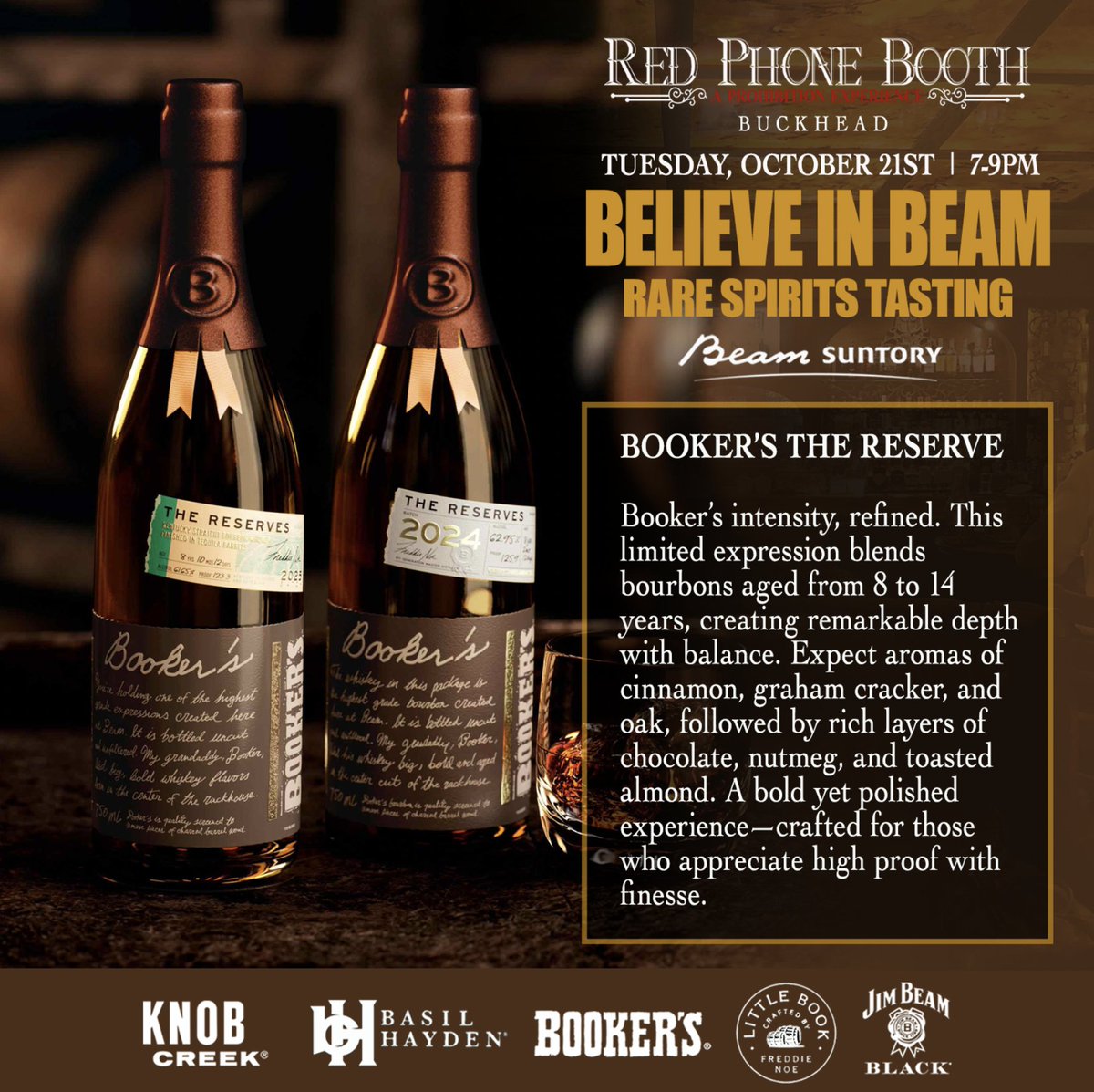 Behind every pour, there’s a story waiting to be told. Will you be there to hear it?🥃

Believe in Beam: Rare Spirits Tasting — a night of rare pours, history &amp; heritage at Red Phone Booth.

📅 Tues. Oct 21 | 7–9 PM 📍 RPB Buckhead
🎟️ GET YOUR TICKETS NOW: freshtix.com/events/rpb-bel…