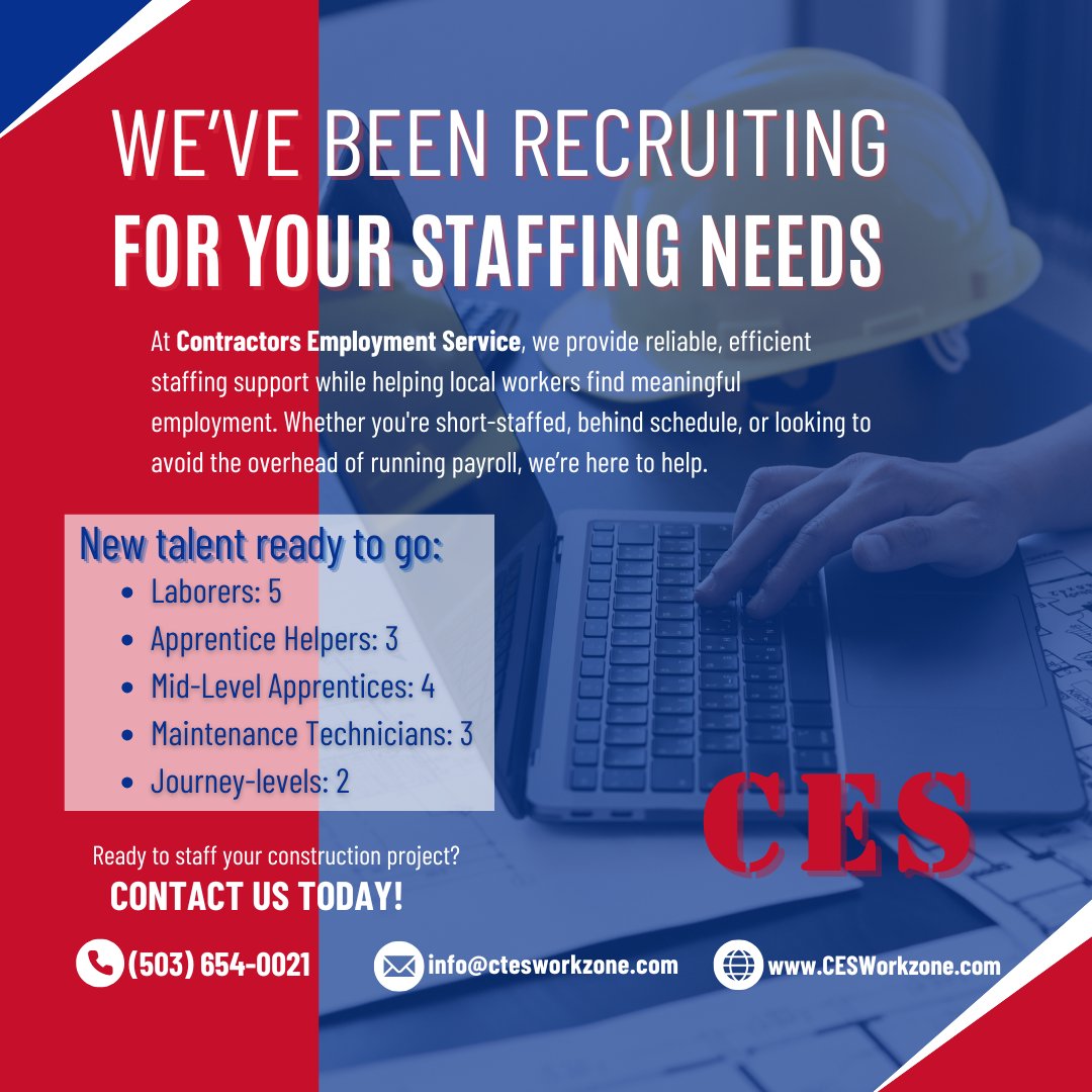 ces_workzone's tweet image. We’ve been recruiting for your staffing needs and have new talent ready to go!
Whether you&apos;re ramping up for a new project or filling critical roles, we&apos;ve got the workforce to keep you moving forward. Reach out today to get matched with the right crew!