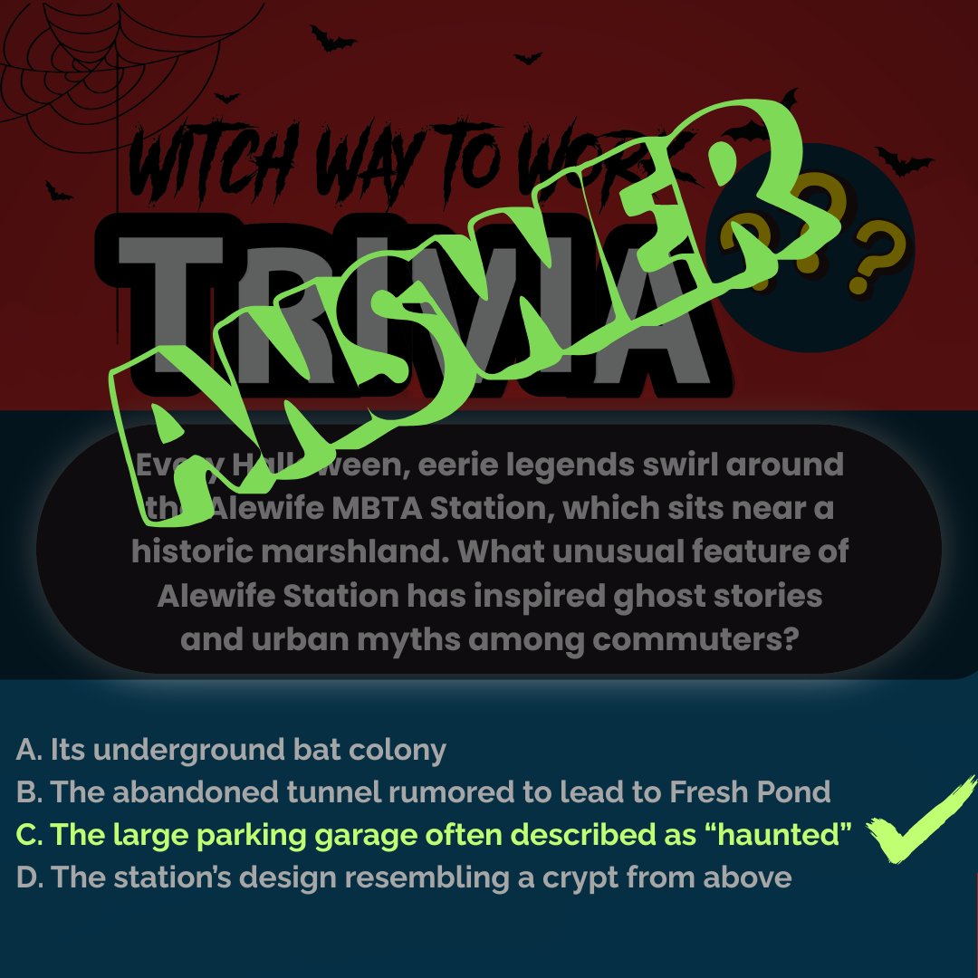🎃 Alewife TMA is kicking off October with a fang-tastic trivia challenge! Join the game by clicking the 🔗 link in bio, and you could win a $50 gift card!

#AlewifeTMA #OctoberChallenge #greencommuting