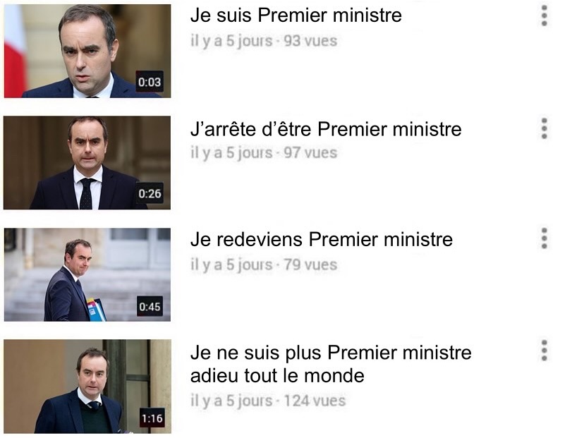 Four-panel collage image of Gabriel Attal, a man in his 40s with short dark hair, wearing a dark suit, white shirt, and tie, standing formally with hands at sides against a solid blue background in each panel. The first panel has text overlay Je suis Premier ministre and timestamp 0:03 below. The second panel has text Jarrête detre Premier ministre and timestamp 0:26. The third panel has text Je deviens Premier ministre and timestamp 0:45. The fourth panel has text Je ne suis plus Premier ministre adieu tout le monde and timestamp 1:16. Each panel includes viewer count text like il y a 5 jours - X vues at the bottom.