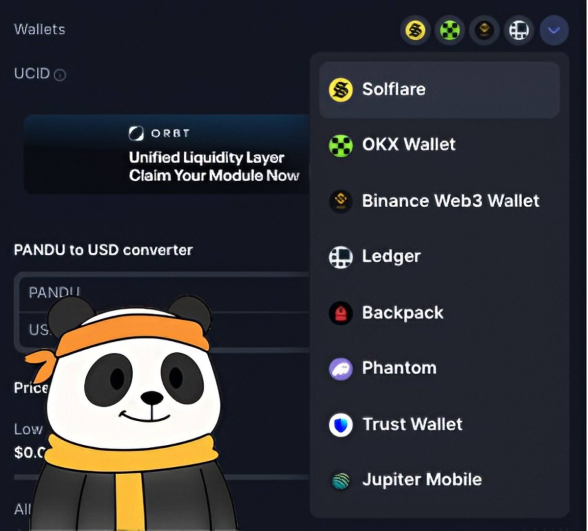 Pandupandas's tweet image. We’re thrilled to announce that $PANDU is integrated with the following wallets:
@solflare 
@wallet 
@BinanceWallet 
@Ledger
@Backpack
@phantom
@TrustWallet
@JupiterExchange

Our wallet integrations are updated on CMC:
coinmarketcap.com/currencies/pan…