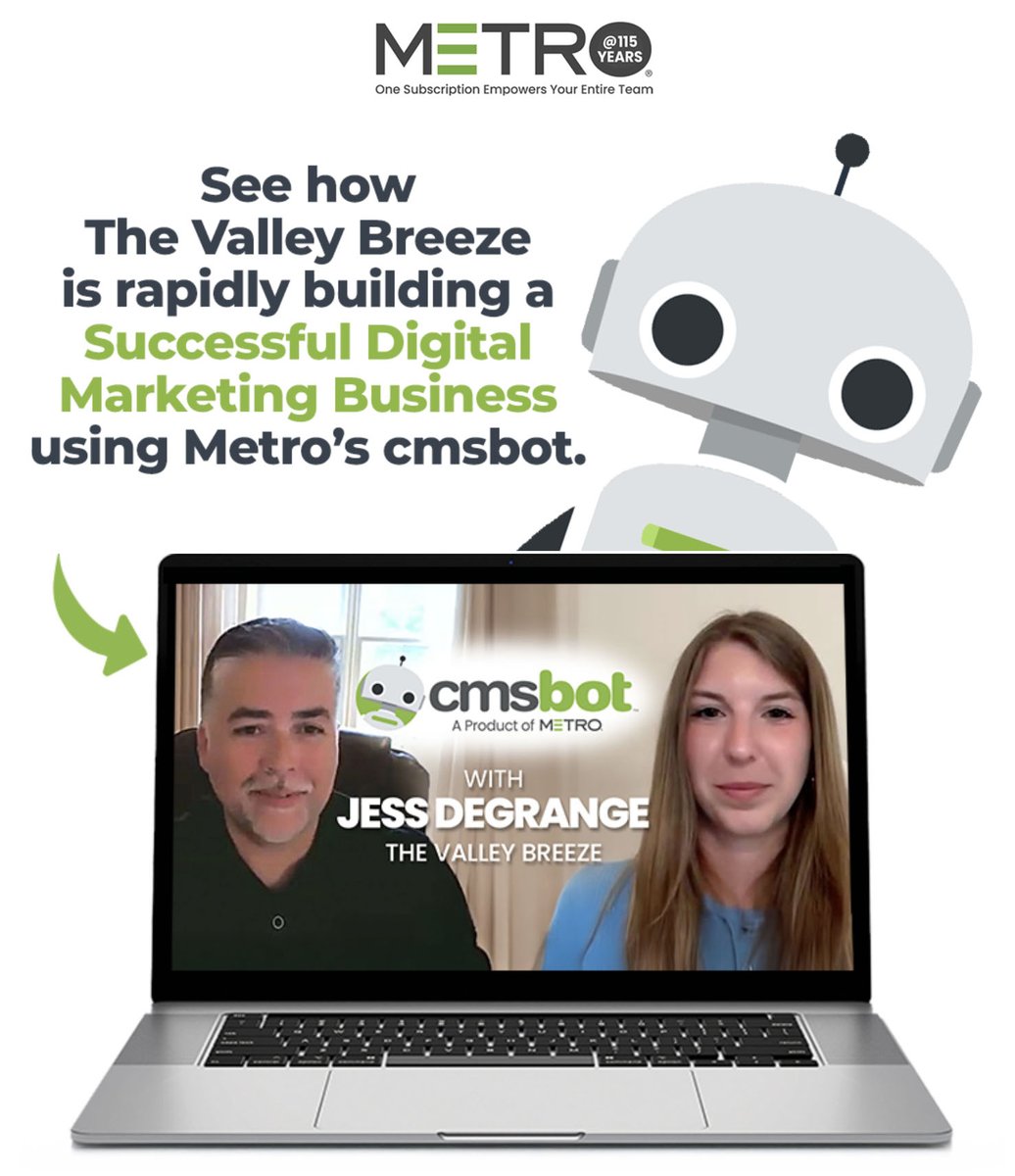 MetroConnection's tweet photo. Jess Degrange, The Valley Breeze, is loving Metro's cmsbot for building local websites. Watch the interview that outlines their formula for success: https://t.co/hqqpKwyCE8 #newspaper #publisher #websites #digitalmarketing #localbusiness #cmsbot https://t.co/7xmaRNPS1B