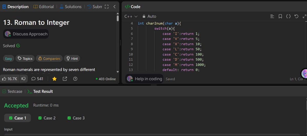 HimeshV21112003's tweet image. Day 97 of #LeetCode100Days ✨

📌 Today’s Problems:
🔹 Reverse Words in a String
🔹 Roman to Integer
🔹 Longest Common Prefix

⚡ Focused on string manipulation and pattern logic today 💻

#LeetCode #DSA #100DaysOfCode #Coding #Strings