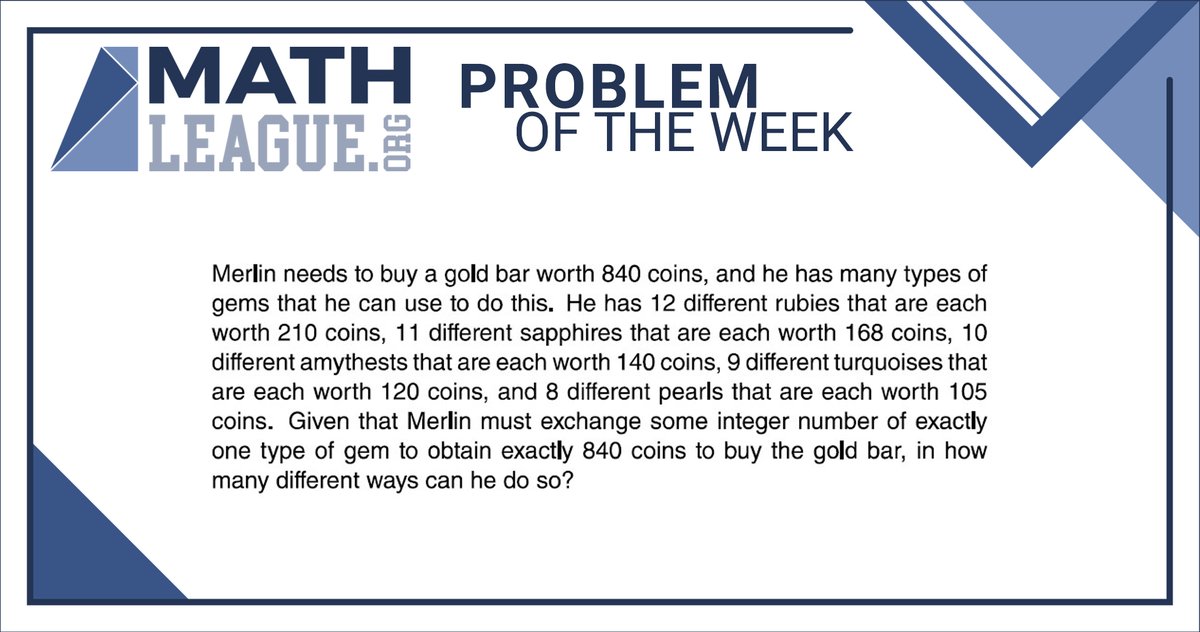mathleague's tweet image. Here is our #middleschool #mathproblemoftheweek for October 11. Please give the problem a try: submit your answer at bit.ly/mathleaguepotw, and you could win a #prize!

Check back in a few days to see a video explanation of this problem. #mathcompetition #math #mathleague