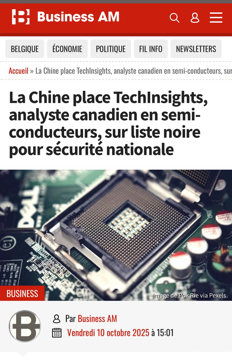 Namkaribou's tweet image. 🚨🚨La Chine a inscrit l’entreprise canadienne de semi-conducteurs #TechInsights sur liste noire pour des raisons de sécurité nationale.

#china