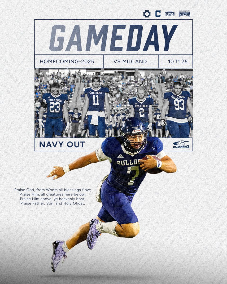 🏈 GAMEDAY-Homecoming! 🏈

(17) <a href="/CUNEFootball/">CUNE Football</a> vs Midland 

🕐 1 PM 
📍 Bulldog Stadium (Seward, NE) 
📻 ruralradio.com/maxcountry/
📺 gpacnetwork.com/cune/
📊 naiastats.prestosports.com/sports/fball/2…
🎟️ cune.edu/athletics/tick…
Theme: Navy Out