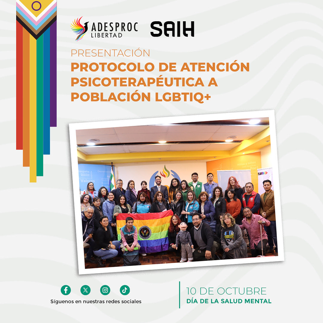 ADESPROC's tweet image. 🧠🏳️‍🌈🏳️‍⚧️ Por el Día Mundial de la Salud Mental presentamos el Primer Protocolo de Atención Psicoterapéutica para población LGBTIQ+ en Bolivia. 

Un hito histórico por una atención afirmativa, sin discriminación, con enfoque de derechos humanos y de género.

#SaludMental #LGBTIQ
