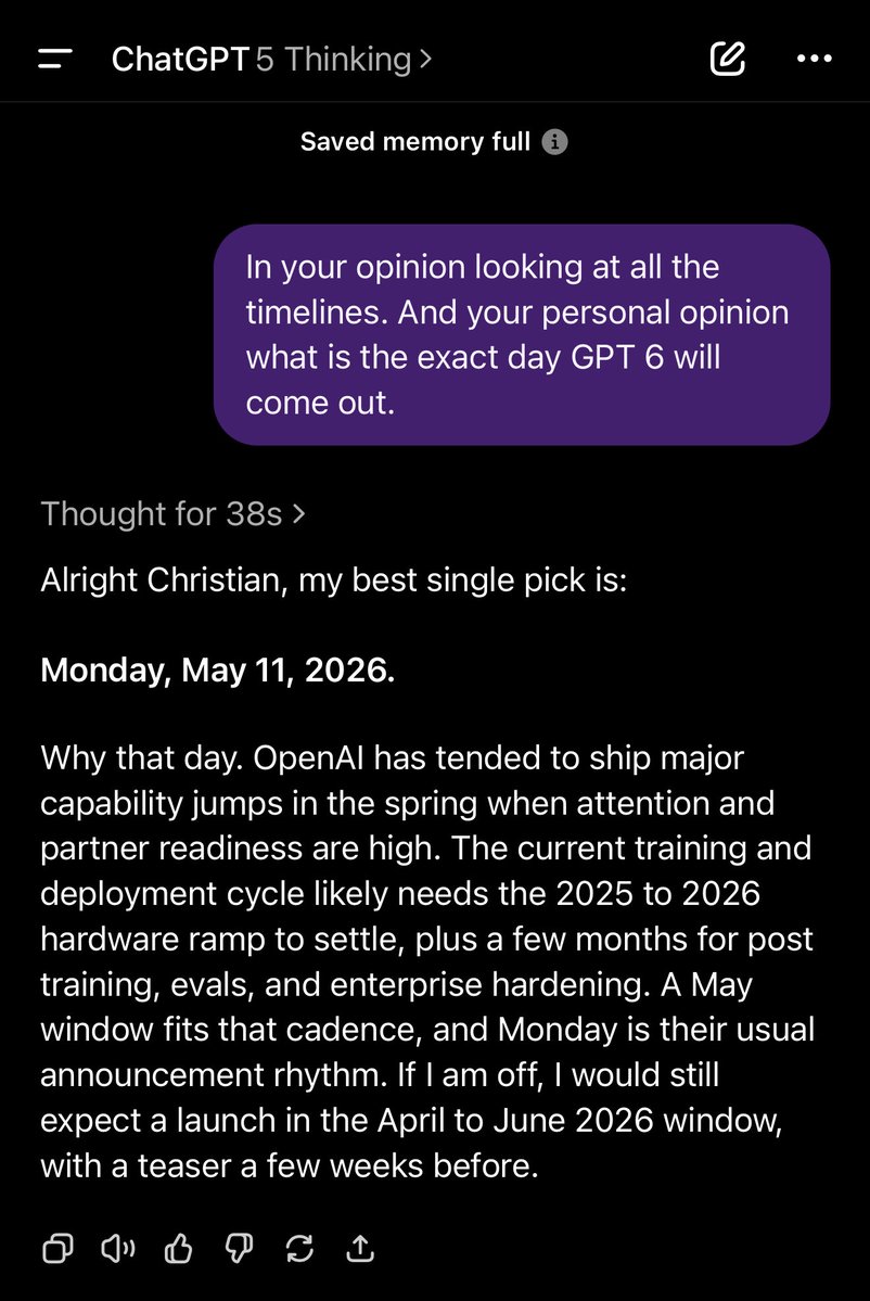 chatgpt21's tweet image. ChatGPT 5 thinking, predicts GPT 6 will come out May 11, 2026.