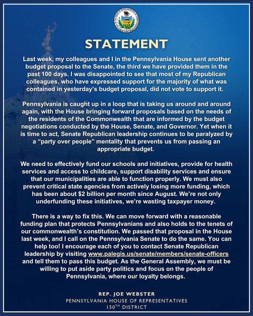 RepJoeWebster's tweet image. My statement on the state budget impasse.
