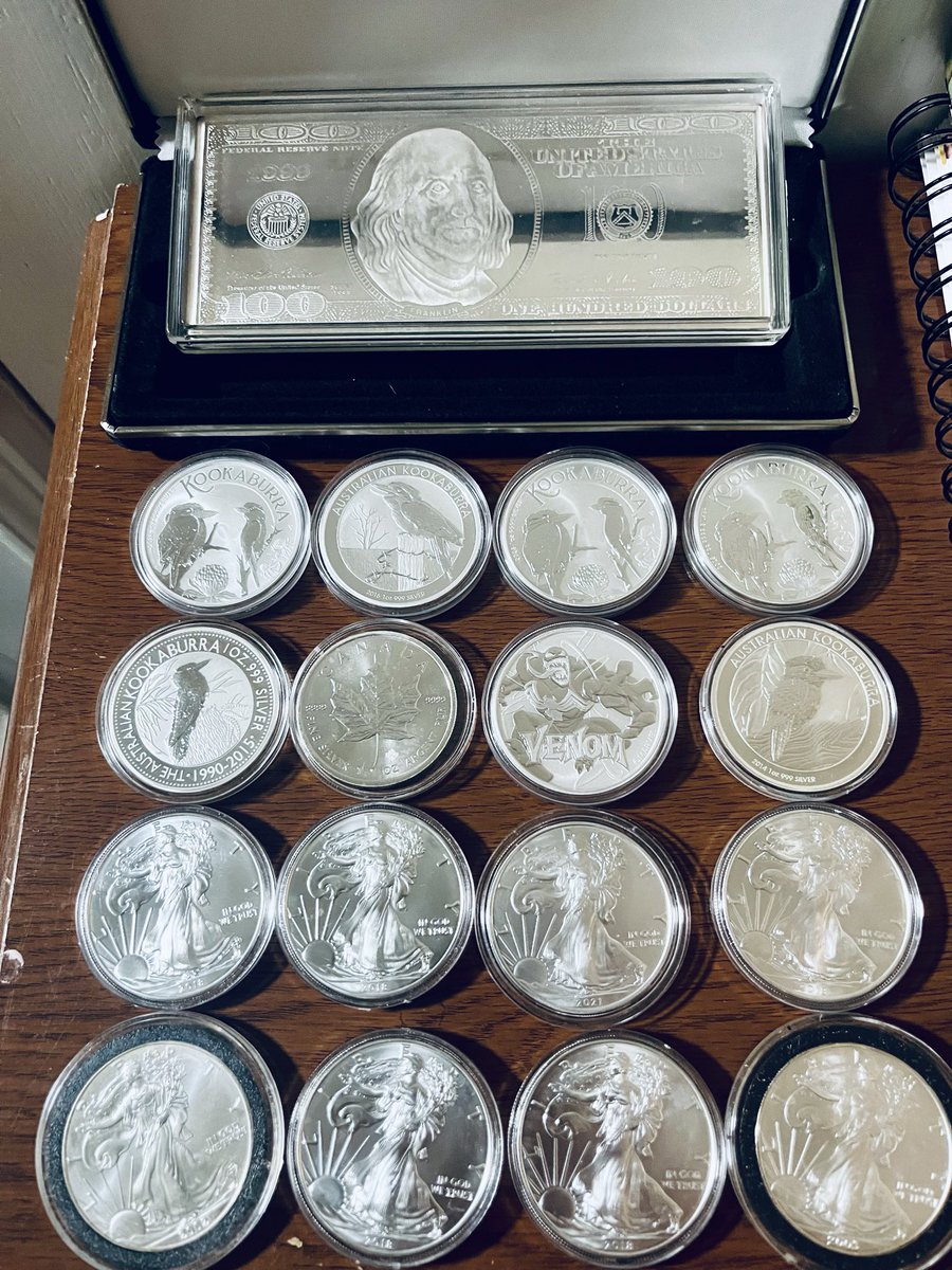 VintageCards2's tweet image. Bought 8 more American Silver Eagles today to add to the stack. Buy every week. Doesn’t matter if it’s 1 ounce or 100 ounces. #silver #silversqueeze #stacking
