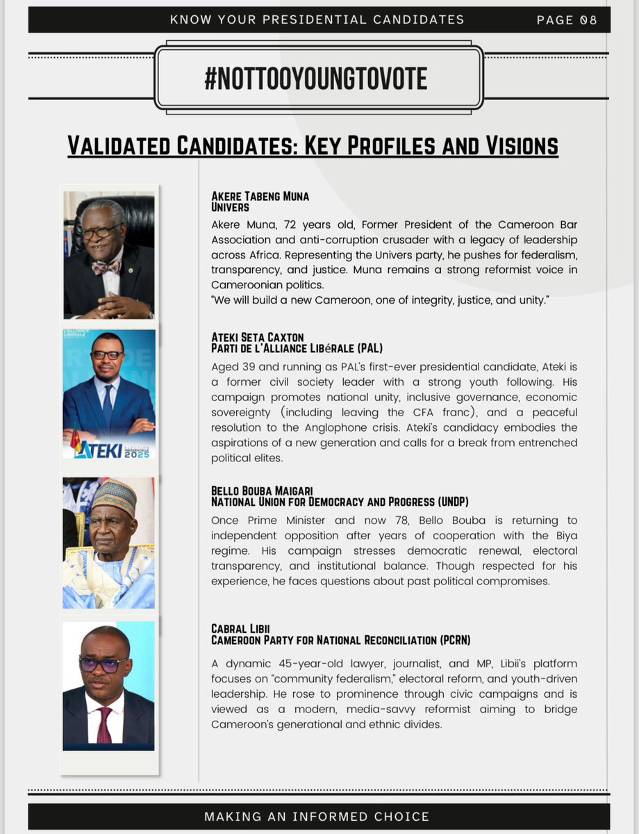 BidiasZock's tweet photo. 12th October is in your hands. 🗳️🇨🇲
✅ Get your Voter’s Card.
✅ Know your candidate: https://t.co/8DBzbBW2Xy
✅ Vote wisely.
✅ Reject violence. Protect our peace.
We are #NotTooYoungToVote. Let's lead.
#Cameroon2025 #NoToElectoralViolence https://t.co/oZLdppm8uj
