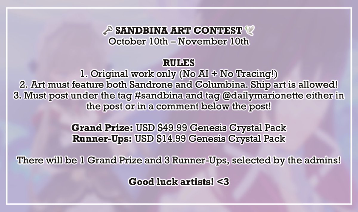 dailymarionette's tweet image. Hi all! In celebration of Sandrone and Columbina’s long-awaited debut, Admin #3 (our resident sandbina addict) has decided to hold an art contest — with prizes!
#Sandrone #Sandbina