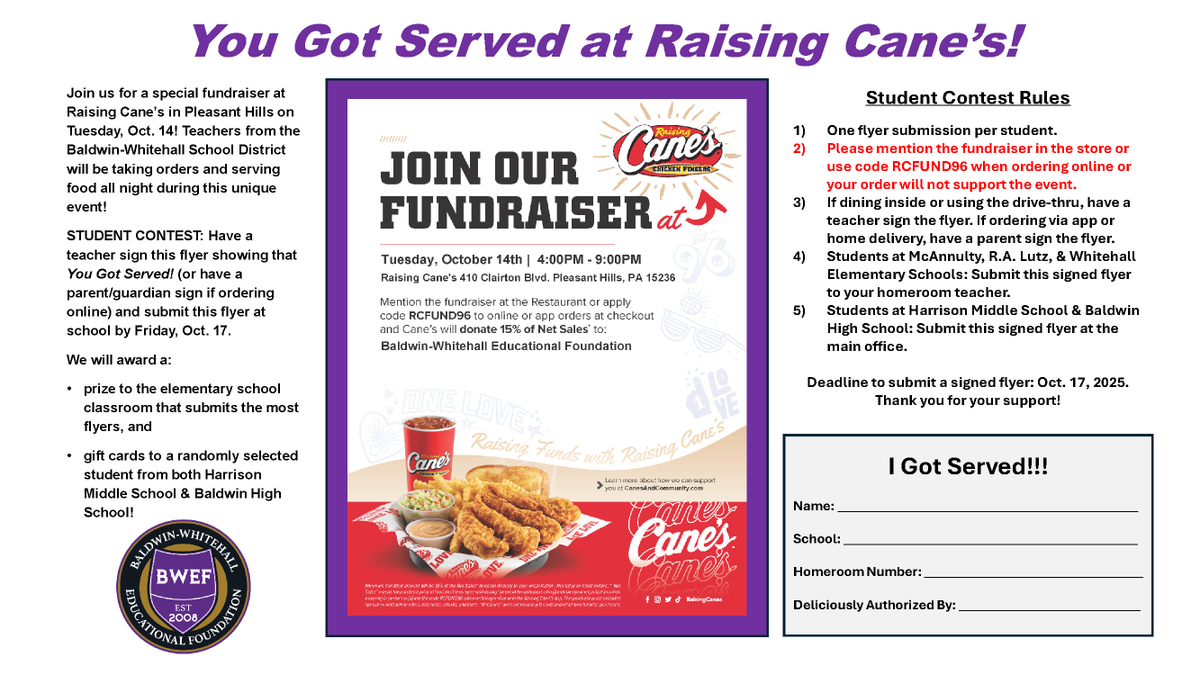 We're ready for the takeover! 
Join us: <a href="/raisingcanes/">Raising Cane's</a>, Pleasant Hills, Tuesday, 4-9p. Members of <a href="/BWSDNews/">Baldwin-Whitehall</a> will serve food, work the drive-thru line &amp; host games!
Don't forget You Got Served flyers &amp; items for Purple Pantry Stuff-A-Bus! 
See you Tuesday!
bwef.weebly.com/fundraising-id…