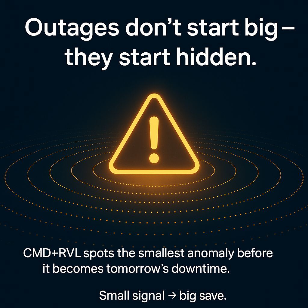 cmdrvl's tweet image. 💣 Outages don’t start big — they start hidden.
CMD+RVL spots the smallest anomaly before it becomes tomorrow’s downtime.
Small signal → big save.
🌐 CmdRvl.com
#CmdRvl #Monitoring #DataOps #Reliability #Dealcharts