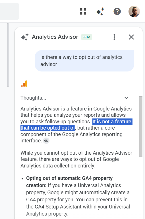 analyticsnerd's tweet image. You can't opt out of the 'Analytics Advisor' feature. Which seems to me our GA4 data is being used for training purposes. This could cause issues for companies working in sensitive industries (finance, healthcare...).