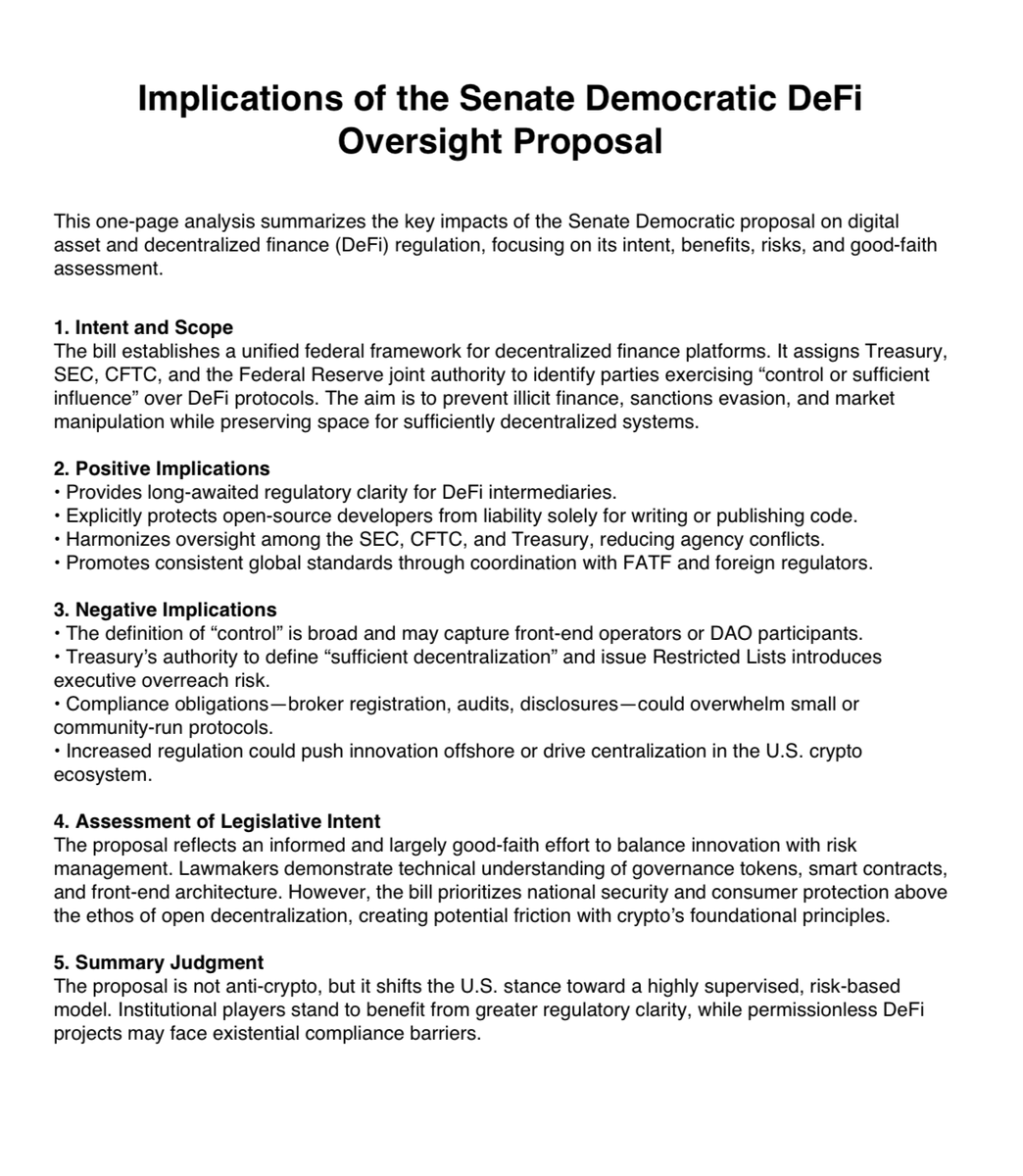 AI breakdown of the Senate Democratic DeFi Oversight Proposal