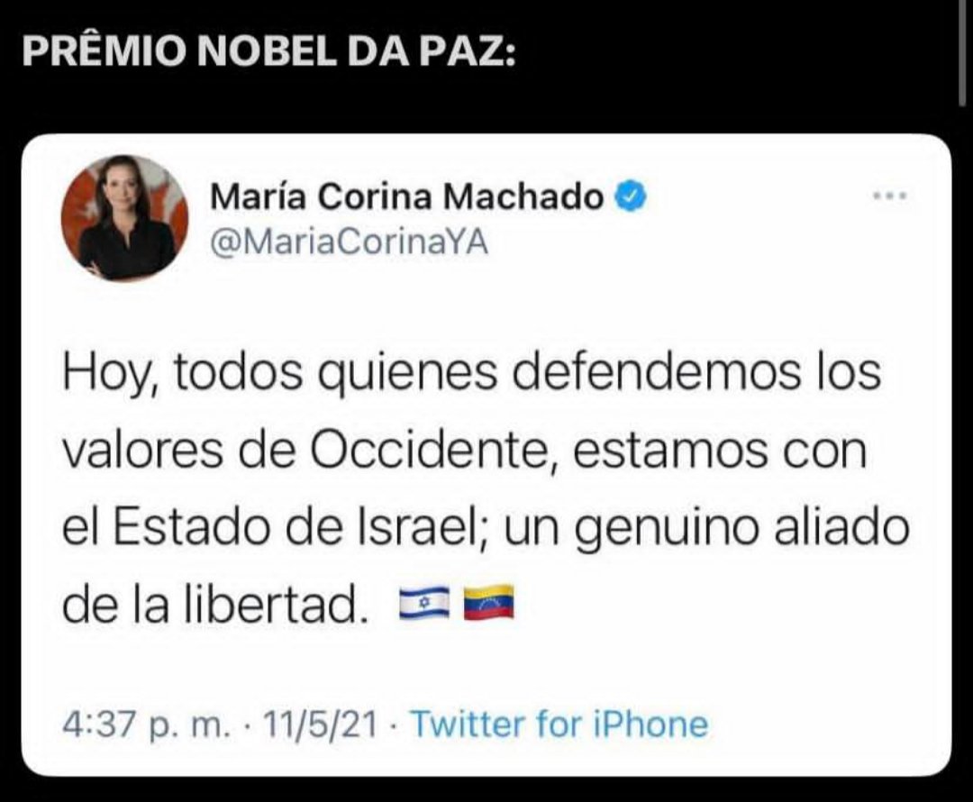 stadoanarquista's tweet photo. @g1 2021: Dmitry Muratov (oposição russa)
2022: Ales Bialiatski (oposição bielorrussa)
2023: Narges Mohammadi (oposição iraniana)
2025: María Corina Machado (oposição venezuelana) https://t.co/s15KFYPjIV