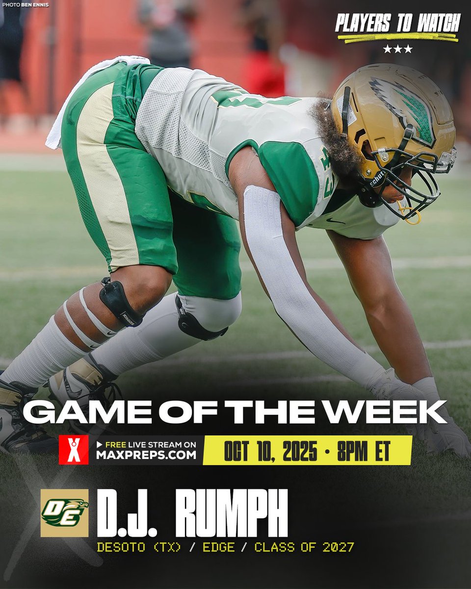 MaxPreps's tweet image. One of the top 2027 prospects in Texas, D.J. Rumph sets the tone off the edge for DeSoto’s defense 😤

Duncanville vs DeSoto LIVE &amp;amp; FREE on MaxPreps ⬇️
youtube.com/live/eIi-PnN8M…