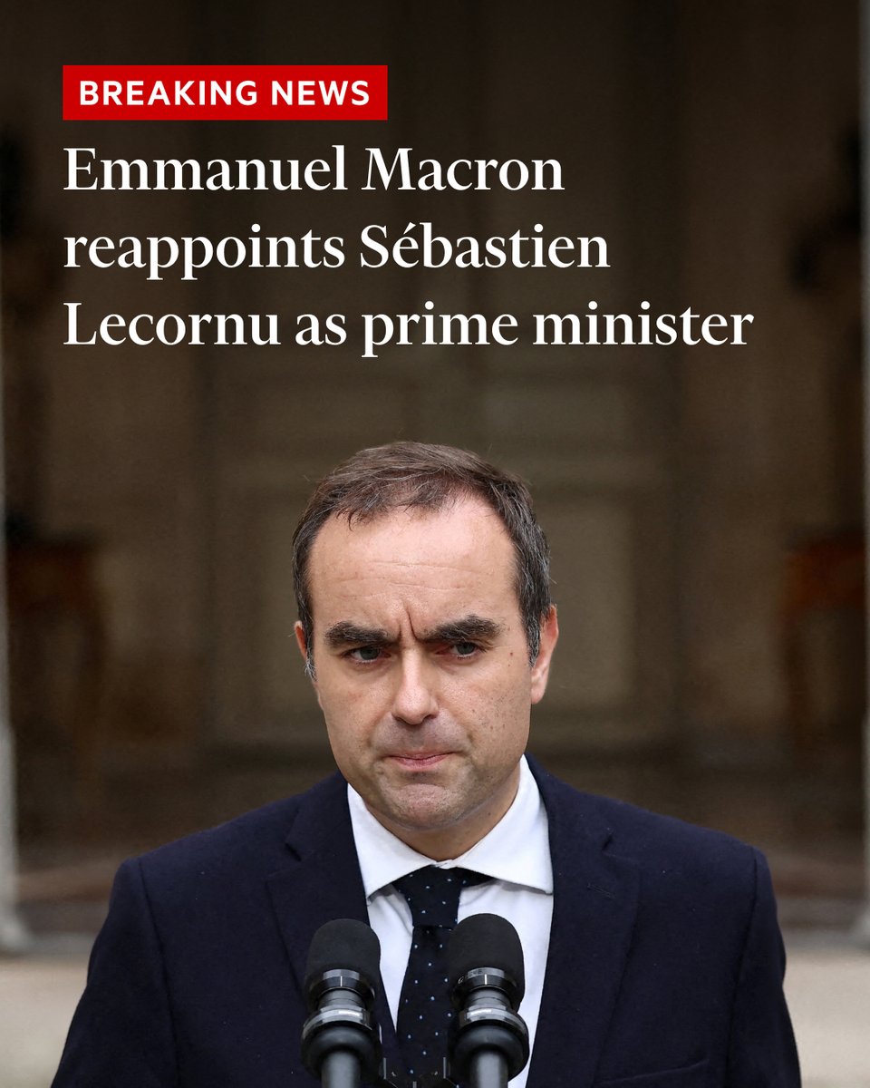 Breaking news: The French president has reappointed his close ally as prime minister, with the task of forming a government and trying to pass a budget for 2026. on.ft.com/3KCMW3M