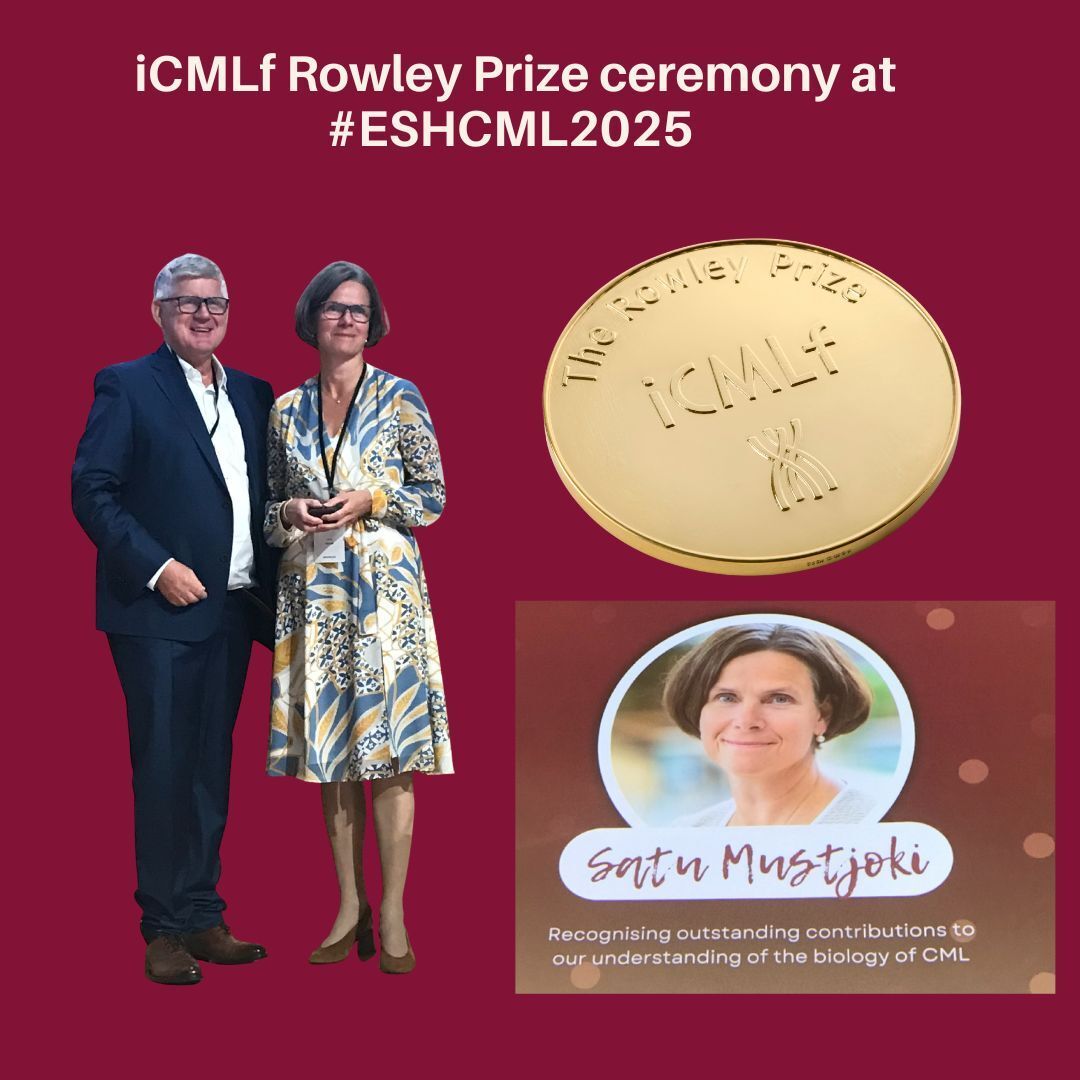 Congratulations to Professor Satu Mustjoki on receiving her #iCMLf Rowley Prize at #ESHCML2025. During her keynote, Professor Mustjoki paid tribute to Janet Rowley’s legacy and shared new insights into NK cell activity and immune resistance in hematologic cancers.