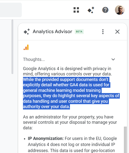 analyticsnerd's tweet image. You can't opt out of the 'Analytics Advisor' feature. Which seems to me our GA4 data is being used for training purposes. This could cause issues for companies working in sensitive industries (finance, healthcare...).