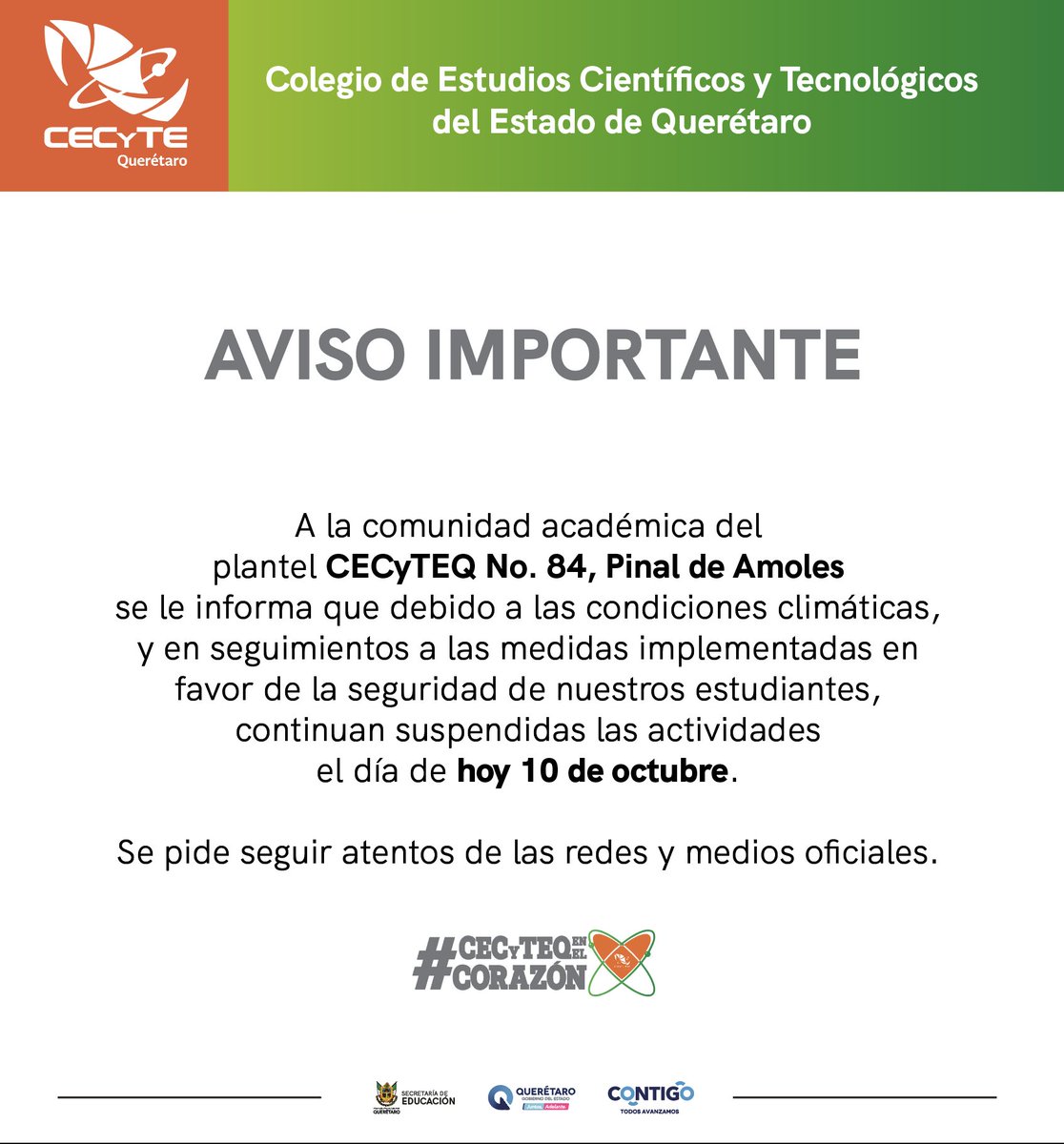 #AvisoImportante 
CECyTEQ Pinal de Amoles