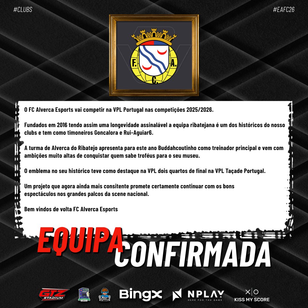 VPLlPortugal's tweet image. 📢Equipa FC Alverca Esports confirmada nas nossas competições 

Bem vindos 💪

#vplportugal #vplglobal #proclubs #eafc26 #mudaojogo