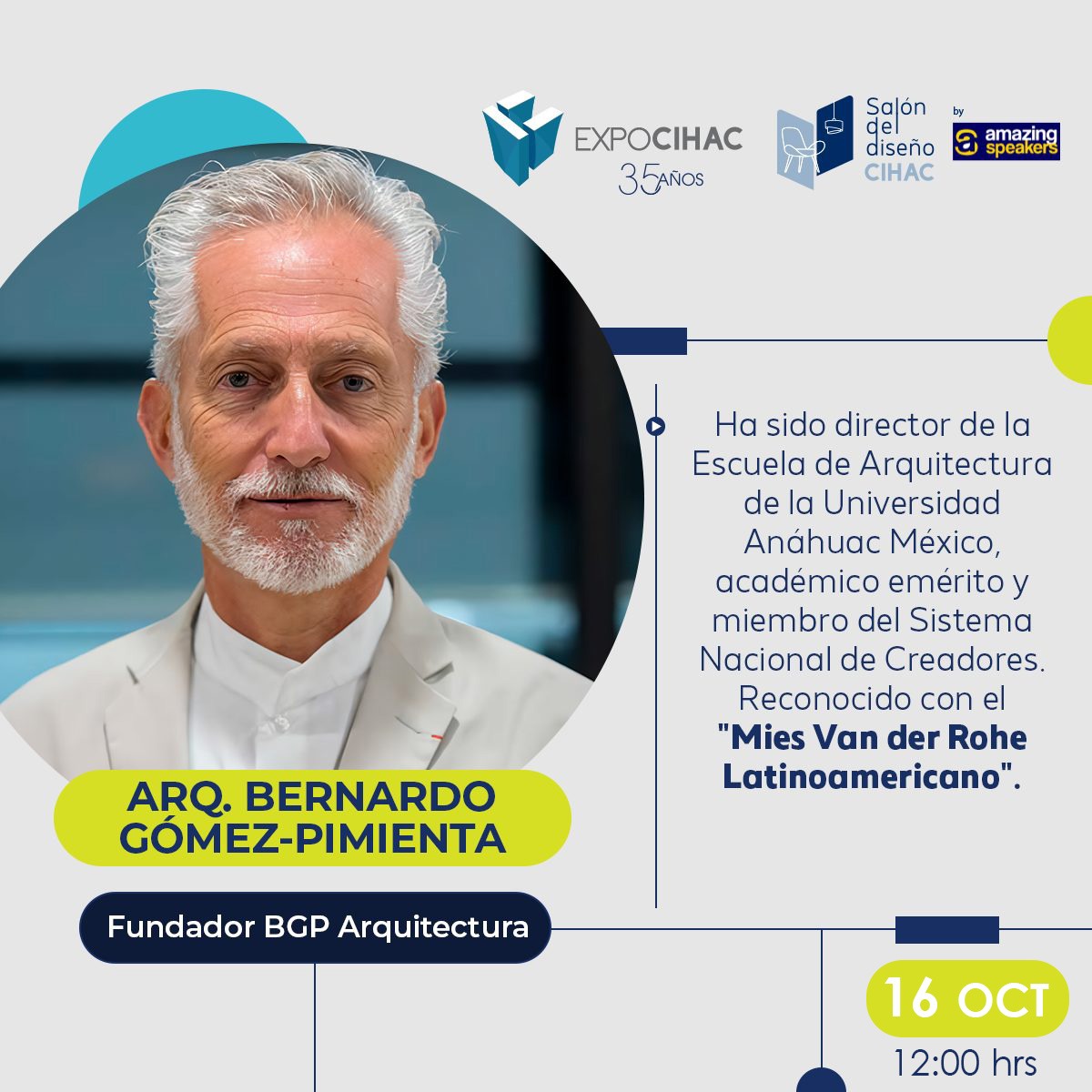 Los invitamos este jueves 16 de octubre a la plática de nuestro director general, el Dr. Bernardo Gómez-Pimienta, donde hablará de diferentes escalas de diseño: desde mobiliario hasta edificios e intervenciones urbanas.

#AmazingSpeakers #expocihac