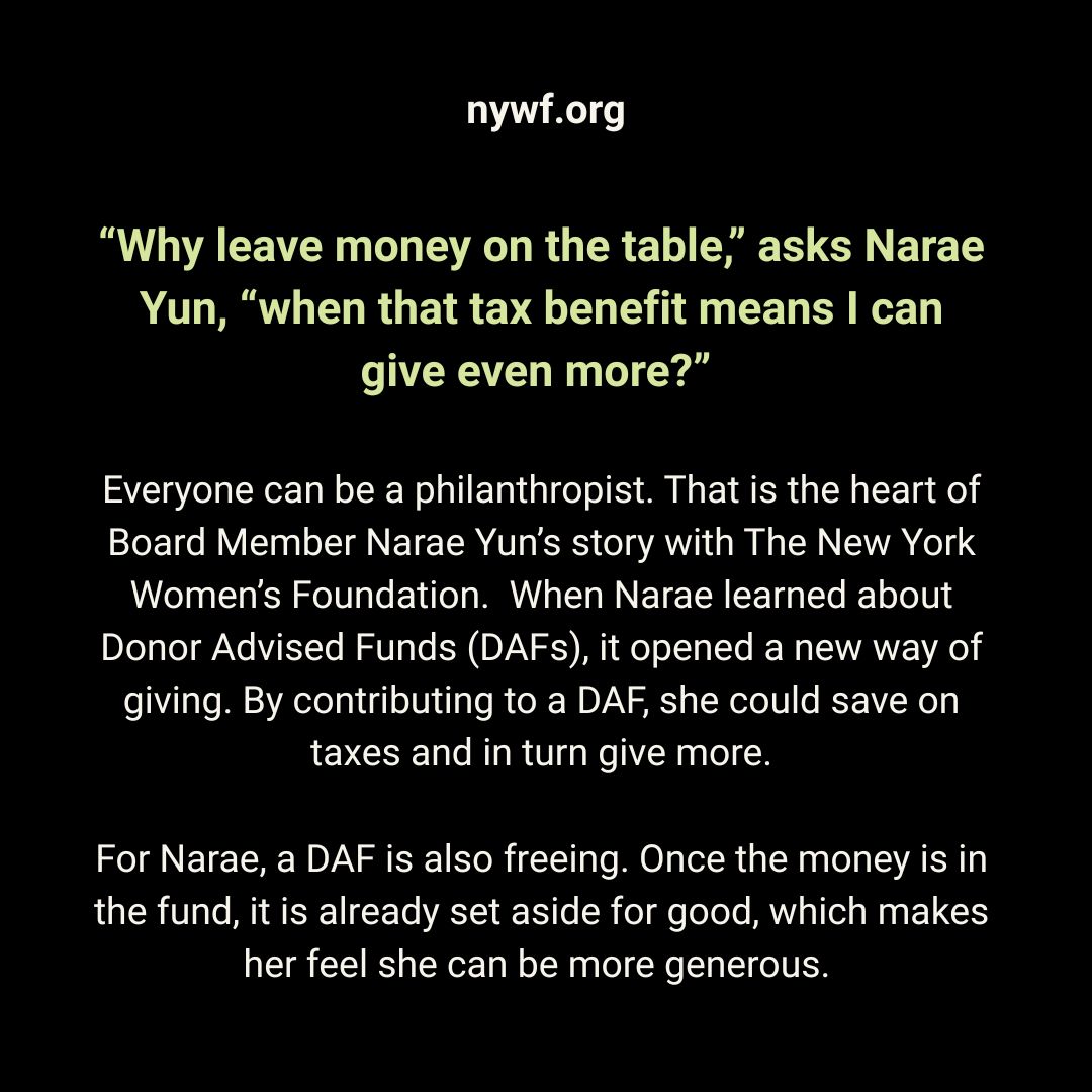 “Why leave money on the table when that tax benefit means I can give even more?” —  Narae Yun, Board Member of The New York Women's Foundation, on using a DAF to give with purpose. 

Read her story: bit.ly/3KOMxuW

 #DAFgiving #NYCphilanthropy