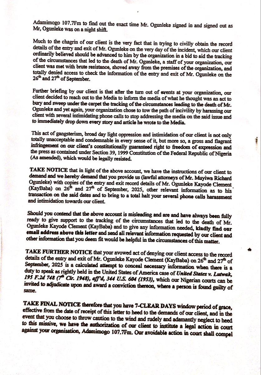 mrjosephaliu's tweet photo. JUSTICE MUST BE SERVED

@adamimogo1071fm we have written to you on the instructions of our bereaved client with respect to the shady death of his brother, Ogunleke Kayode Clement, fmr staff at your organisation.

We find it unjust and condemnable that you have decided to conceal https://t.co/kqdAUvynS6