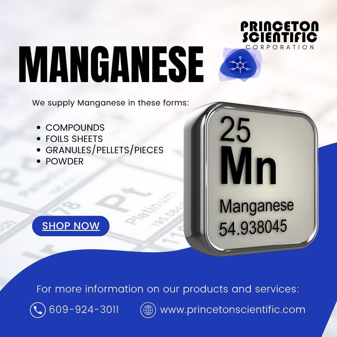 High-purity Manganese (Mn) in compounds, foils, and powders — used for alloying and semiconductor research.
🔬 Order online: princetonscientific.com
#Manganese #Metals #ResearchMaterials #AdvancedManufacturing #PrincetonScientific