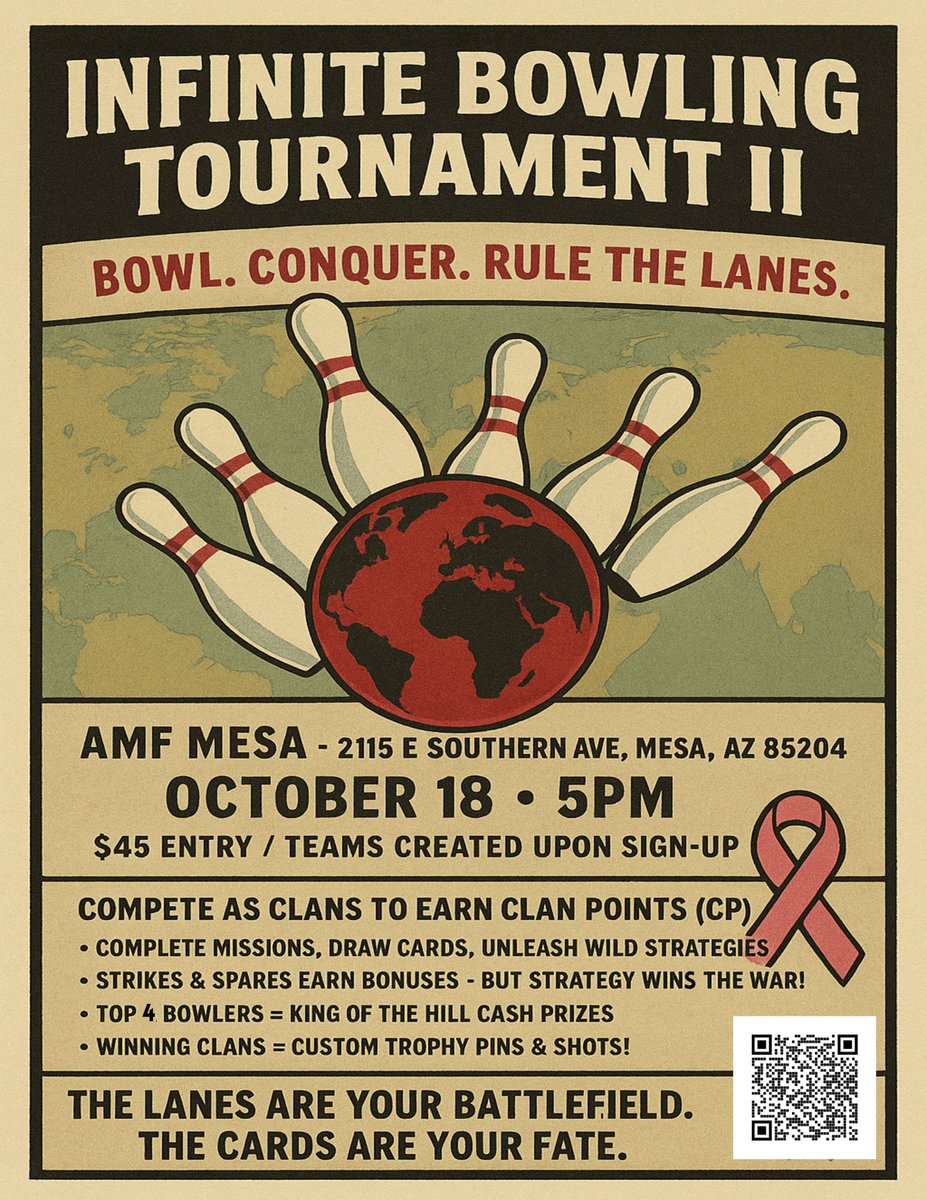 Our next event is on October 18th! We are super excited! The Infinite Bowling Tournament II.

Besides having a great time with great prizes, we will be hosting a 50/50 raffle to gain proceeds to donate to <a href="/SusanGKomen/">Susan G. Komen</a>. However if you are not able to attend and would like to