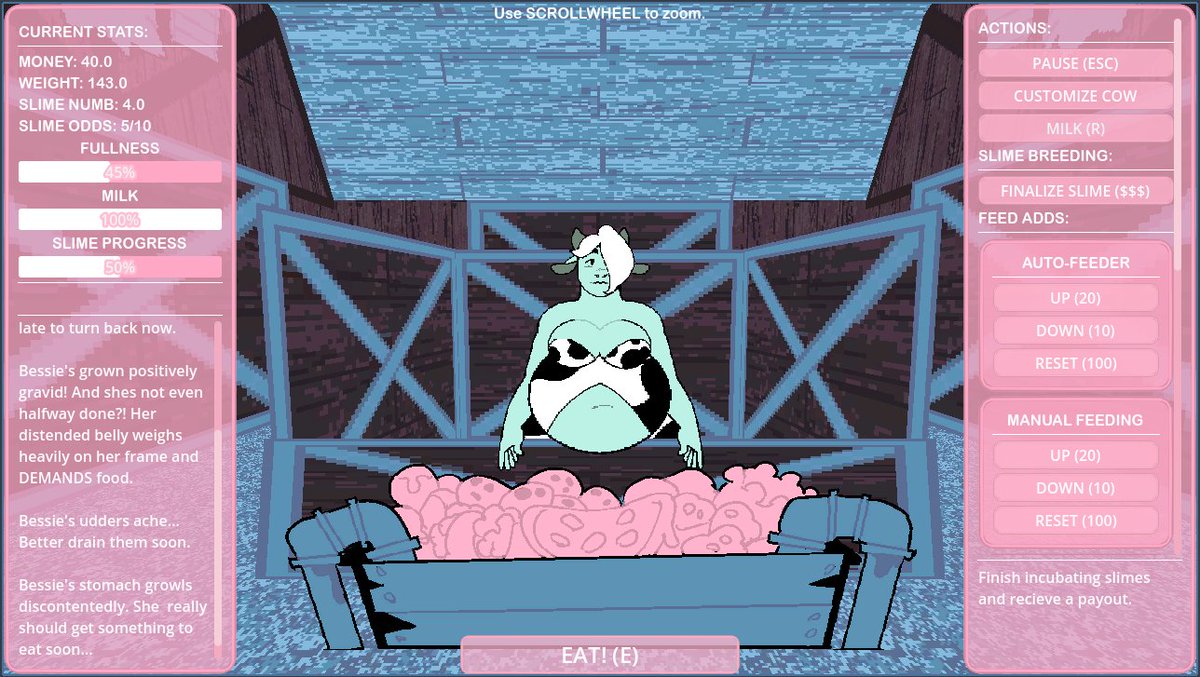 BARN-BUSTERS IS NOW AVAILABLE FOR P-TRONS!!! COME SATISFY YOUR WEIRD COW FANTASIES WITH THIS IDLE CLICKER GAME!

See my card for the p-tron. (and while you're at it I'm more active on the other site)

#weightgain #expansion