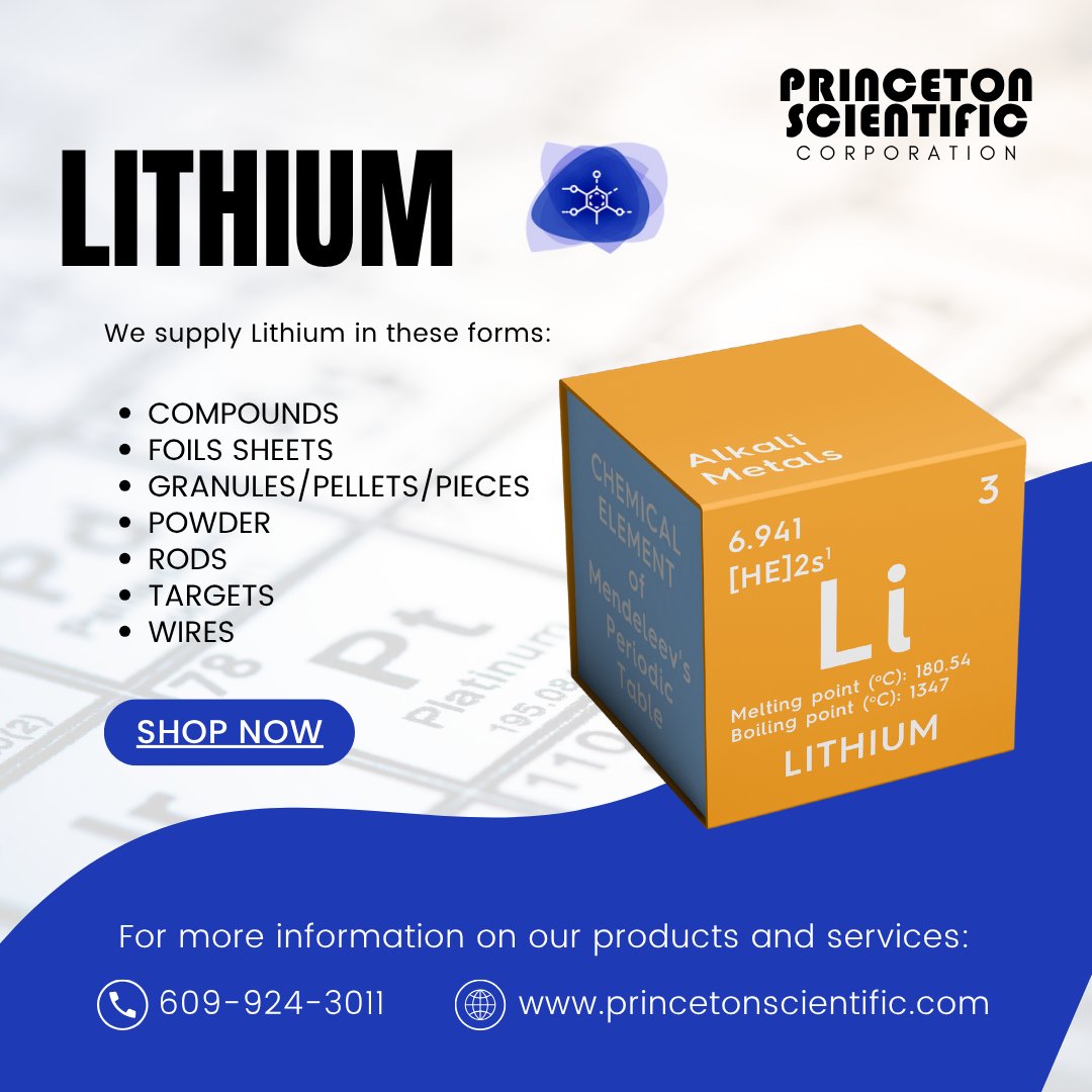 Lithium available in rods, foils, powders, and targets — essential for battery research, alloy development, and energy storage.
🔋 Order today: princetonscientific.com
#Lithium #BatteryMaterials #EnergyStorage #ResearchMaterials #PrincetonScientific
