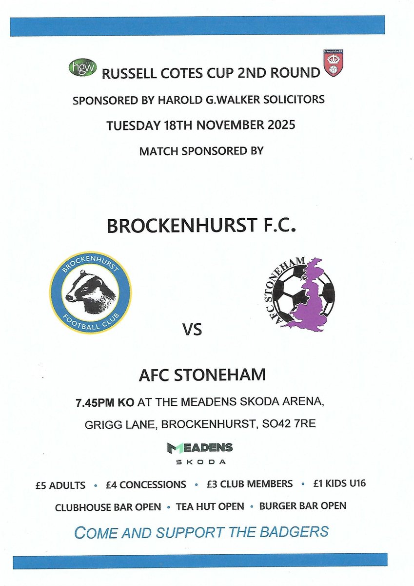 Brock_FC's tweet image. 🏆 RUSSELL COTES CUP DRAW 🏆
Confirmation we have drawn @afc_stoneham at Home in the Russell Cotes Cup 2nd Round
We have mutually agreed to play on Tuesday 18 November - 7.45pm ko
If you would like to sponsor this match for £50 please email Matt at brockenhurstfcsec@gmail.com