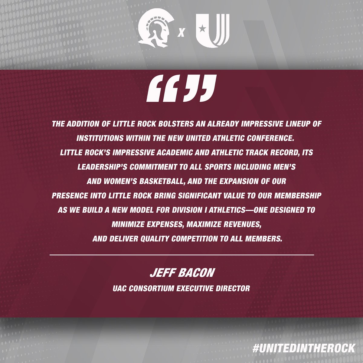 A new era begins. Proud to now be part of the United Athletic Conference.
Here’s UAC Consortium Executive Director Jeff Bacon on what it means to have Little Rock join.

#UNITEDintheRock