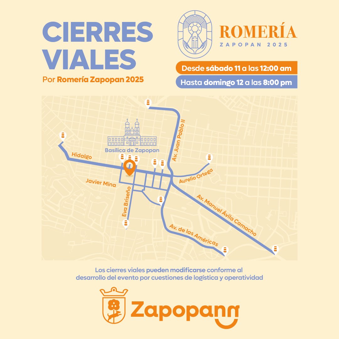 ZapopanGob's tweet image. ⚠️ ¡Atención Zapopan! ⚠️

Este sábado, domingo y lunes tendremos cierres viales por la Romería 2025. 🚧

Toma tus precauciones y utiliza rutas alternas si necesitas transitar por la zona.