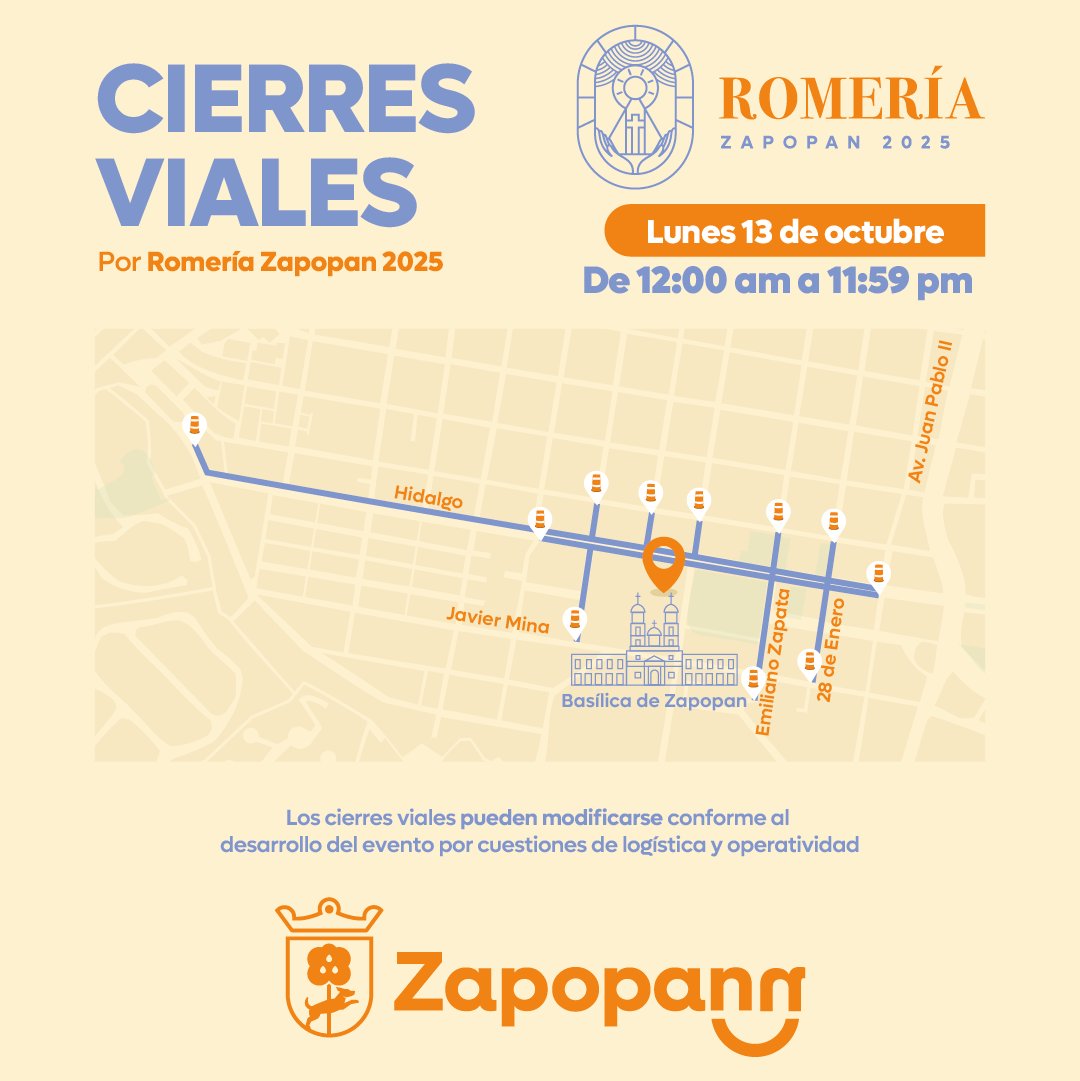 ZapopanGob's tweet image. ⚠️ ¡Atención Zapopan! ⚠️

Este sábado, domingo y lunes tendremos cierres viales por la Romería 2025. 🚧

Toma tus precauciones y utiliza rutas alternas si necesitas transitar por la zona.