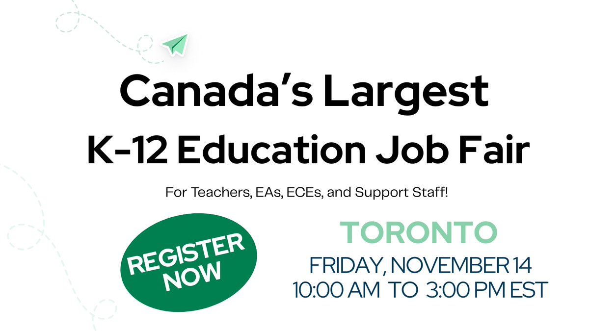 Introducing Canada's largest K-12 Education Job Fair in Toronto on Friday, November 14! 🍁

Meet face-to-face with a variety of school boards and discover 100s of job opportunities across Canada.

👉 Register now &gt; bit.ly/4nLELAQ