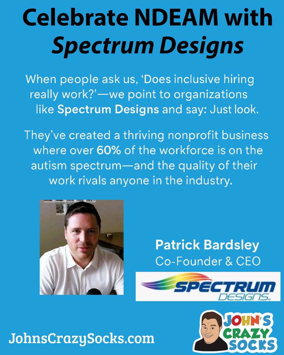JohnsCrazySocks's tweet image. Inclusion drives innovation!
This #NDEAM, we’re celebrating our friends at @SpectrumDesigns where more than 60% of the team is on the autism spectrum. They don’t just make great products; they create meaningful jobs. 
#InclusionWorks #SpreadingHappiness