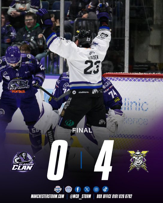 Ice hockey players in white jerseys with number 23 and name Hyden on back celebrate on rink, one raising arms, opponent in purple uniform nearby, goal net visible, scoreboard displays Clan 0 - MCR 4 final score, team logos at bottom, social media handles and website text present.