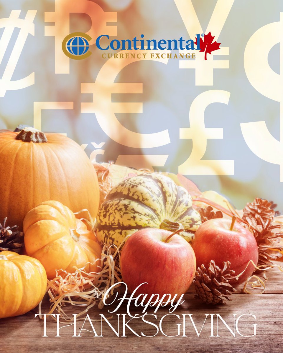 Happy Thanksgiving! All Continental Currency Exchange branches will be closed Monday, October 13, and reopen Tuesday, October 14. Wishing our clients a wonderful long weekend with loved ones. Proud to put more money in your pocket.  
#HolidayHours #ContinentalCurrencyExchange