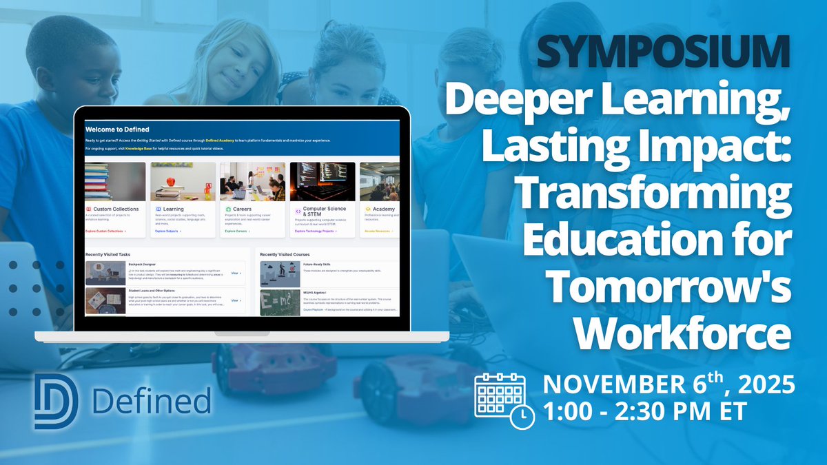 DefinedLearning's tweet image. Join us on 11/6 at 1 PM ET for Session 1 of our Symposium! @SuptMJBrown &amp;amp; admin from @CherokeeSchools &amp;amp; @TerrellISD will discuss how to engage students in #careerconnected learning that prepares all students for future success.

➡️Register today! hubs.li/Q03K-QnP0 #CTE #Edu