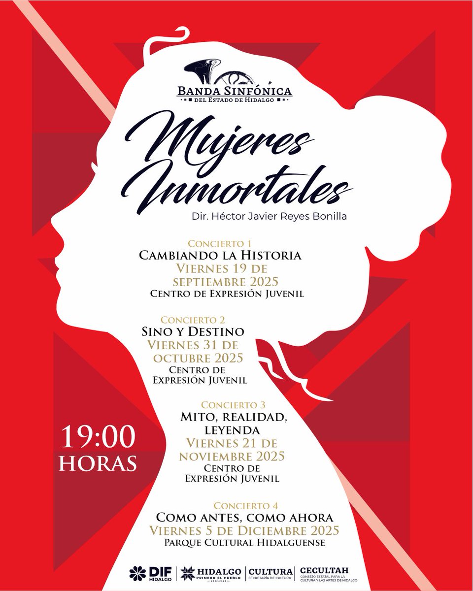CronicaHidalgo's tweet image. La Banda Sinfónica del Estado de Hidalgo presenta su Temporada 2025: “Mujeres Inmortales”, una serie de conciertos que celebran la sabiduría, el coraje y el legado eterno de mujeres que han dejado huella en la historia, el arte y la cultura.