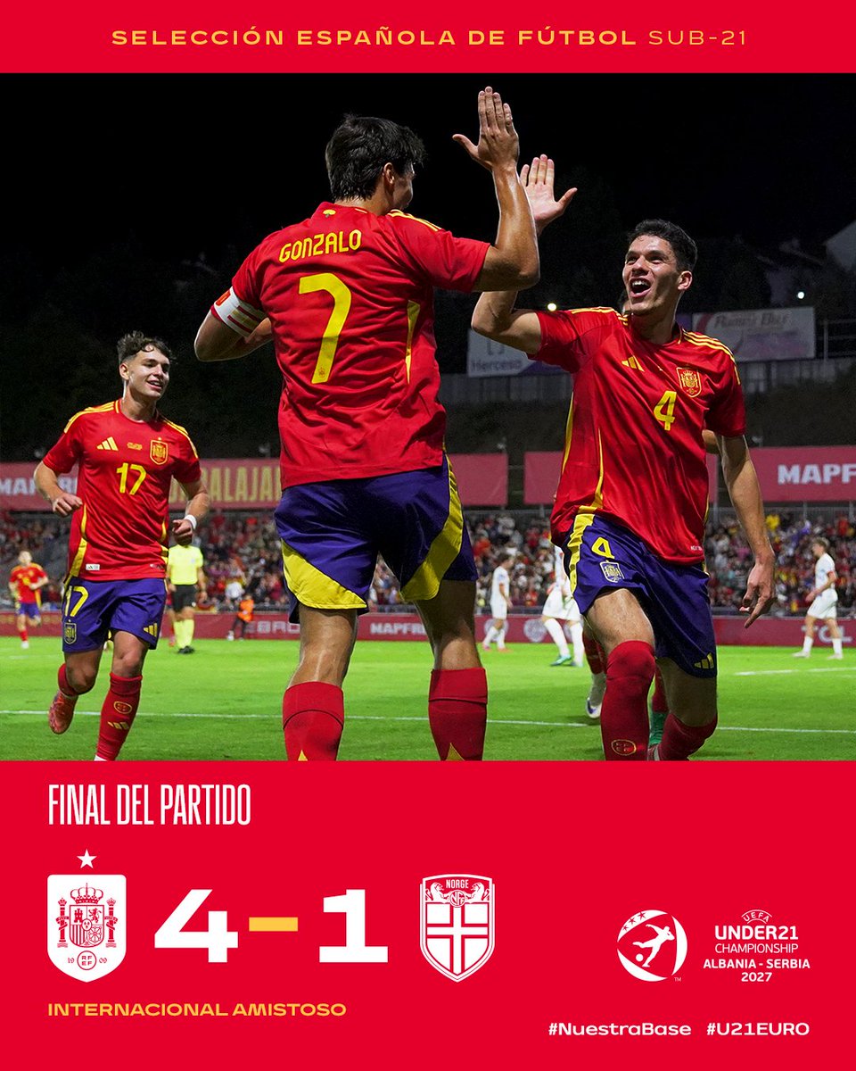 ¡𝗙𝗜𝗡𝗔𝗔𝗔𝗔𝗟!

La Selección sub-21 golea a Noruega en un repleto Pedro Escartín.

🇪🇸 4-1 🇳🇴 | 90'

#U21EURO | #NuestraBase