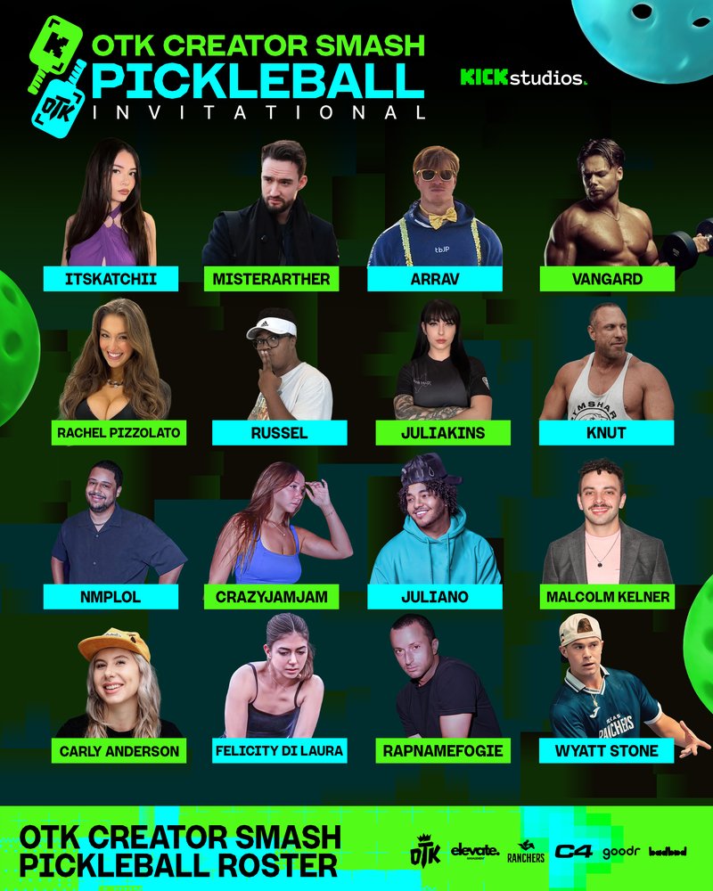 OTKnetwork's tweet image. Here’s the roster for tomorrow’s OTK Creator Smash!
Pretty sure none of them know the rules of pickleball. 🎾