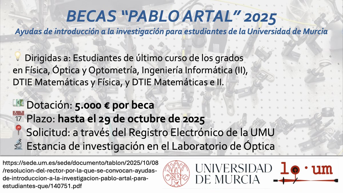 Publicadas 3 becas de Iniciación a la Investigación, una para estudiantes de último curso de Ing. Informática y DTIE Mat+Inf, dotadas con 5000€.
Solicítala!
<a href="/informaticaumu/">FIUM</a> <a href="/delfi_umu/">Delegación de Estudiantes DELFI</a> <a href="/fiumers/">Fiumers</a> <a href="/pablo_artal/">Pablo Artal</a>
