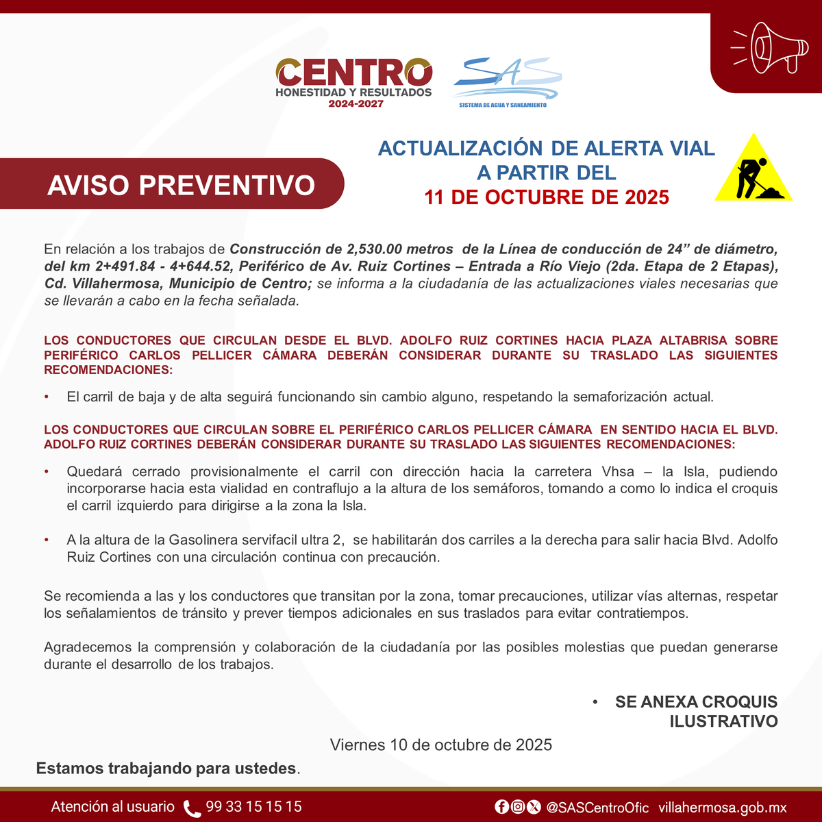 SASCentroOfic's tweet photo. 📢Actualización de alerta vial ⚠
Construcción de 2,530.00 metros  de la Línea de conducción de 24” de diámetro en Periférico de Av. Ruiz Cortines – Entrada a Río Viejo.  #AvisoSAS @CentroInforma https://t.co/wlgECMLYqx