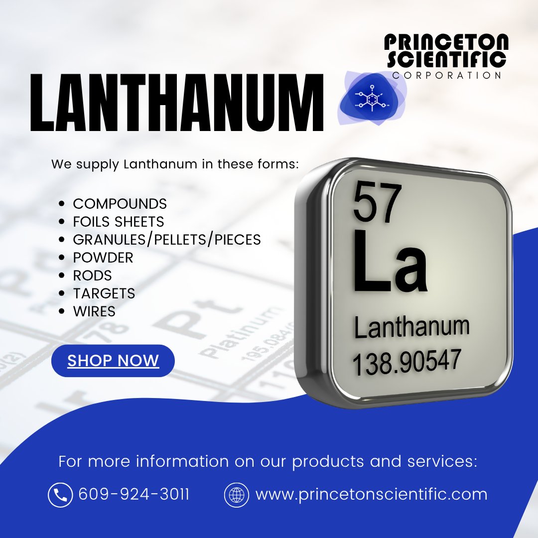 We offer Lanthanum (La) in a range of purities and forms — from compounds to foils and wires — for advanced material applications.
⚙️ Shop now: princetonscientific.com
#Lanthanum #RareEarths #ScientificMaterials #OpticalResearch #PrincetonScientific